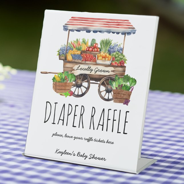 An Ort und Stelle gezogene Bauern Babydusche-Winde Sockelschild (Locally grown farmers market baby shower diaper raffle pedestal table sign personalized decor)
