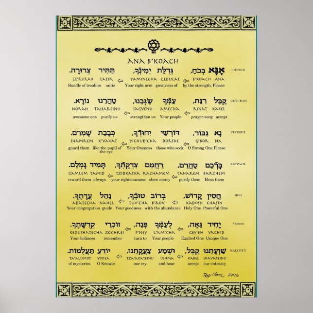 Ana b"Koach ~ Hebräisch ~ Englisch ~ Transliterati Poster (Vorne)