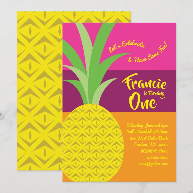 Ananas 1. Geburtstag Niedliche Einladungen (Vorne/Hinten)