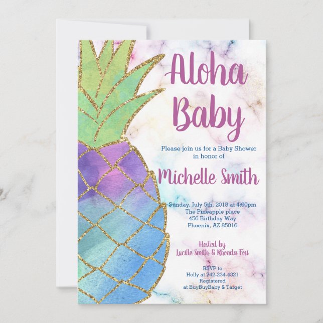 Ananas Aloha Glitzer Tropical Gold Baby Dusche Einladung (Vorderseite)