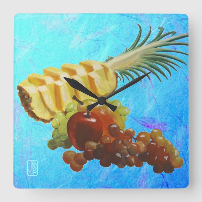 Ananas, Apfel, Birne, Trauben - Acrylküche Quadratische Wanduhr (Vorderseite)