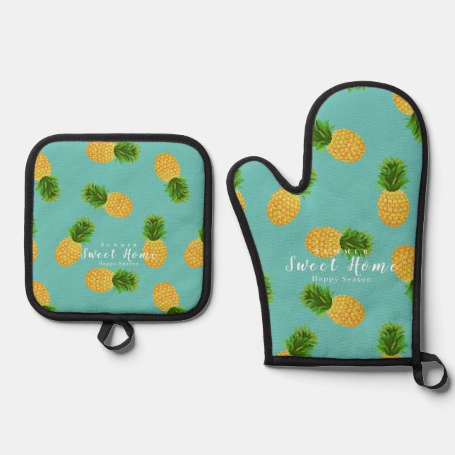 Ananas Aqua Ofenhandschuh & Topflappen-Set (Vorderseite)