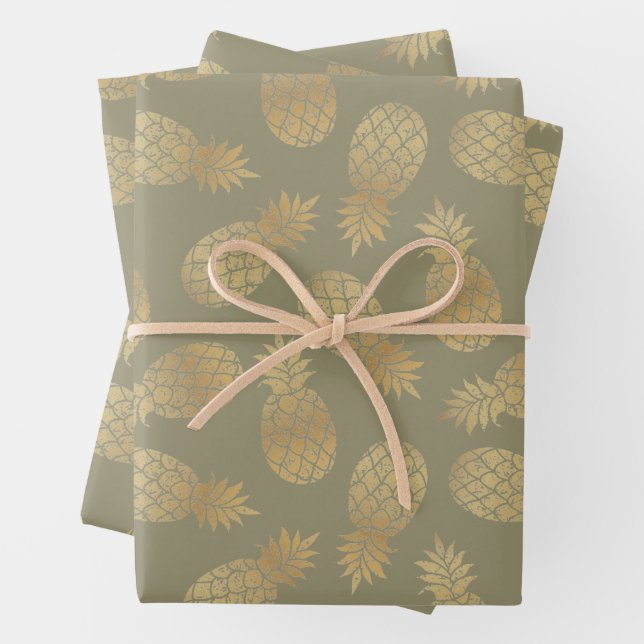 Ananas aus Gold auf Oliven Green Geschenkpapier Set (Beispiel)