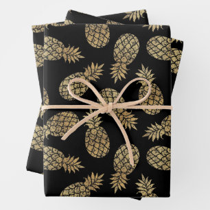 Ananas aus Gold auf Schwarz Geschenkpapier Set