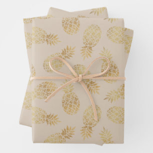 Ananas aus Gold auf Taupe Geschenkpapier Set