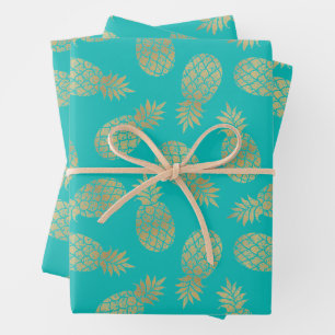 Ananas aus Gold auf Türkis Geschenkpapier Set