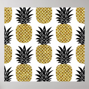 Ananas aus Gold: Von Hand Gezeichnet Weiß nahtlos. Poster
