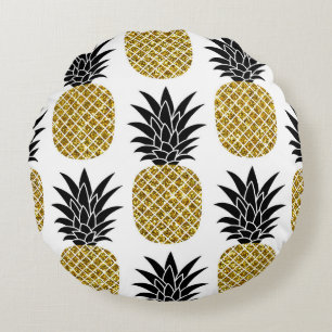 Ananas aus Gold: Von Hand Gezeichnet Weiß nahtlos. Rundes Kissen