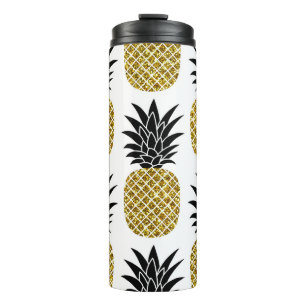 Ananas aus Gold: Von Hand Gezeichnet Weiß nahtlos. Thermosbecher
