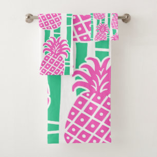 Ananas Bambus Streifen Pink & Green Muster Badhandtuch Set