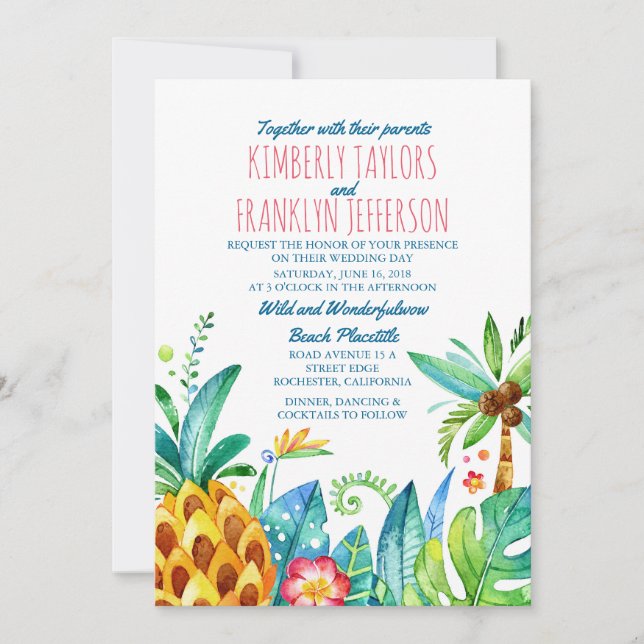 Ananas Beach Palms Tropische Hochzeit Einladung (Vorderseite)