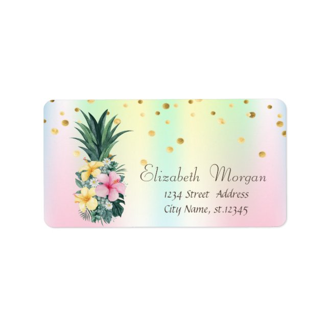 Ananas-Blume Confetti Holographic Iridescent Adressaufkleber (Vorne)