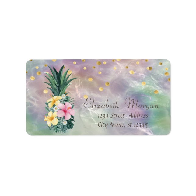 Ananas-Blume Confetti Holographic Pearl Adressaufkleber (Vorne)