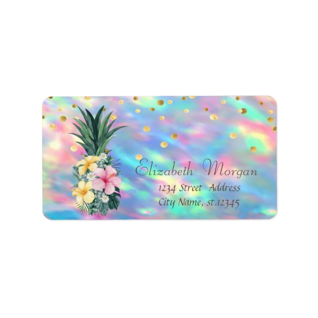 Ananas-Blume Dots Holographic Iridescent Opal Adressaufkleber (Vorne)