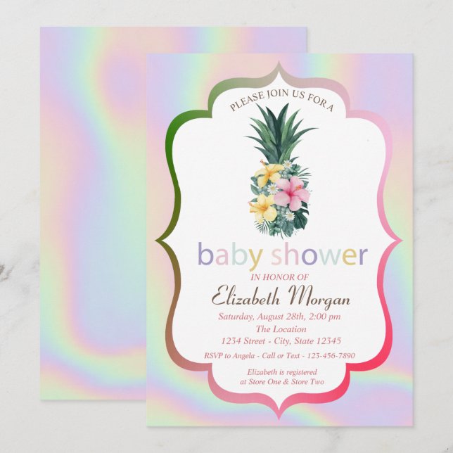 Ananas Blume Holographic Baby Shower Einladung (Vorne/Hinten)