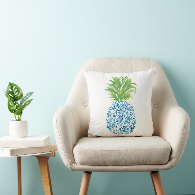Ananas Chinoiserie Blau Weiße Preppy Kissen (Stuhl )