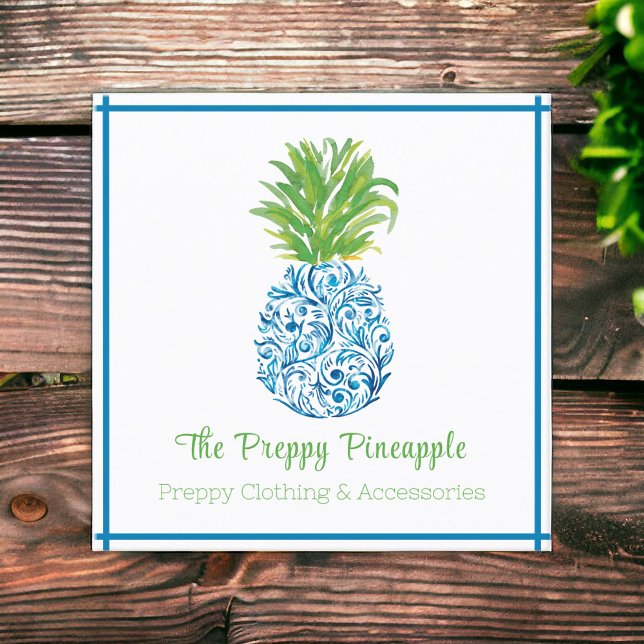 Ananas Chinoiserie Blau Weiße Preppy Quadratische Visitenkarte (Von Creator hochgeladen)