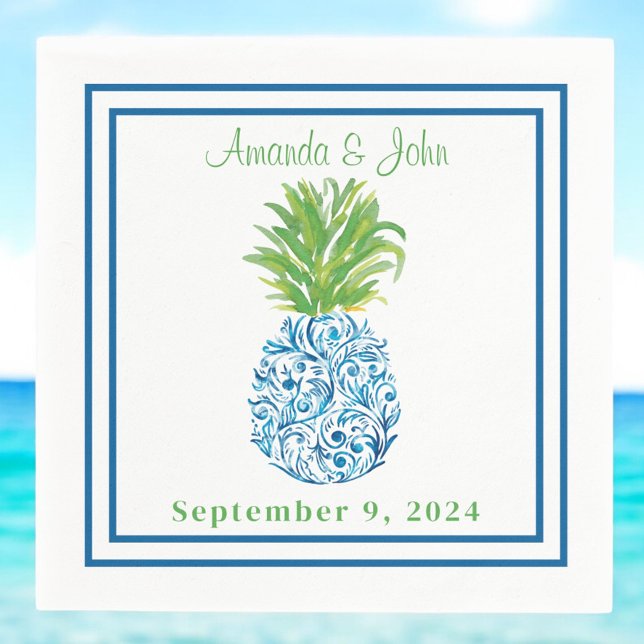 Ananas Chinoiserie Blue Border Preppy Wedding Serviette (Von Creator hochgeladen)