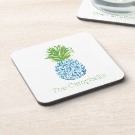 Ananas Chinoiserie Blue White Preppy Name Getränkeuntersetzer