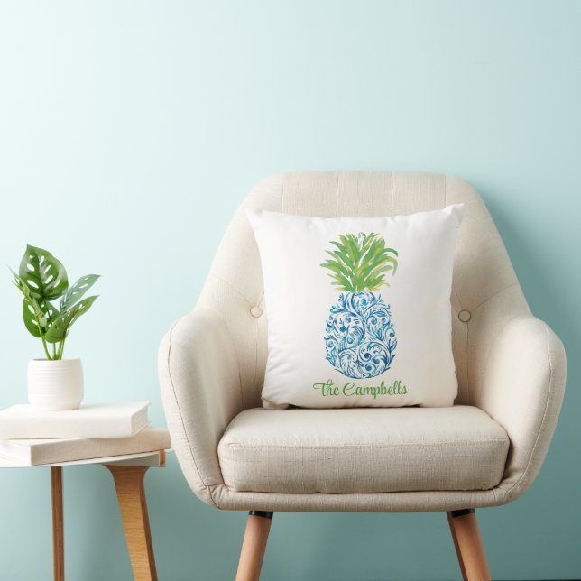 Ananas Chinoiserie Blue White Preppy Name Kissen (Stuhl )