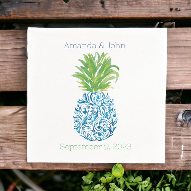 Ananas Chinoiserie Blue White Preppy Wedding Serviette (Von Creator hochgeladen)