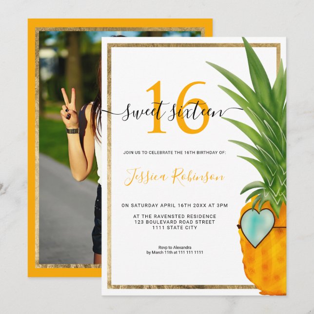 Ananas cooler Goldrahmen im Sommer Sweet 16 Foto Einladung (Vorne/Hinten)