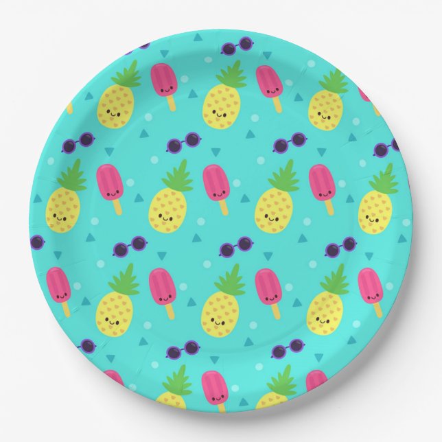 Ananas, Eiscreme und Sonnenbrille Pappteller (Vorderseite)