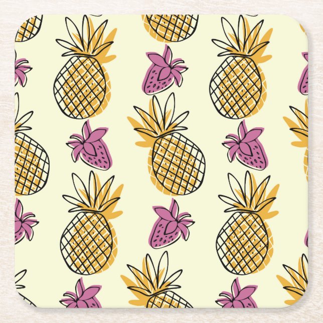 Ananas, Erdbeere Vintages Textildesign. Rechteckiger Pappuntersetzer (Vorderseite)