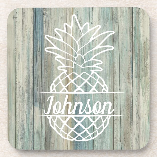 Ananas Familienname am rustikalen Strand der Holzk Getränkeuntersetzer (Vorderseite)