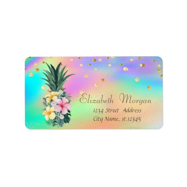 Ananas floral Confetti farbenfroh holografisch Adressaufkleber (Vorne)