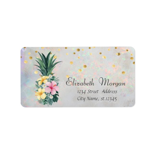 Ananas Floral Confetti Opal Iridescent Adressaufkleber (Vorne)