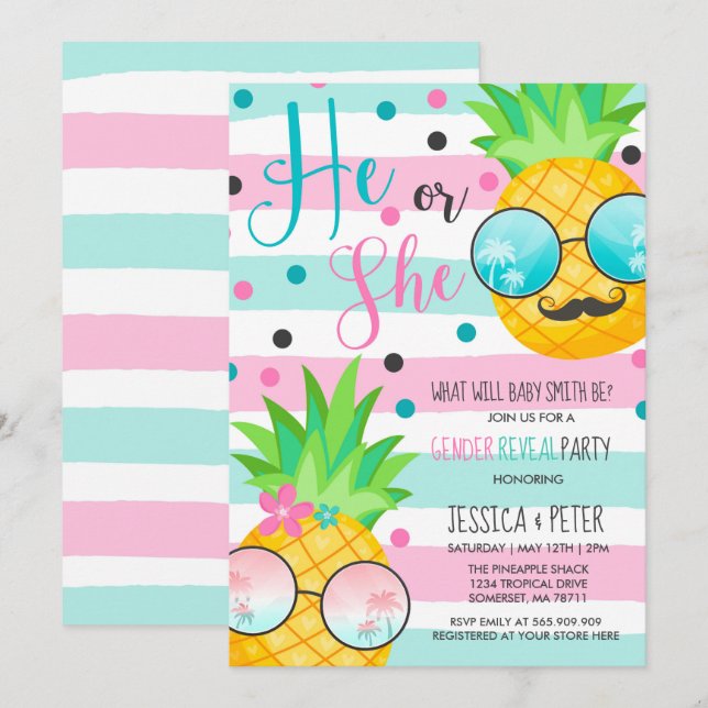 Ananas Gender Reveitation Hawaiian Reveal Einladung (Vorne/Hinten)