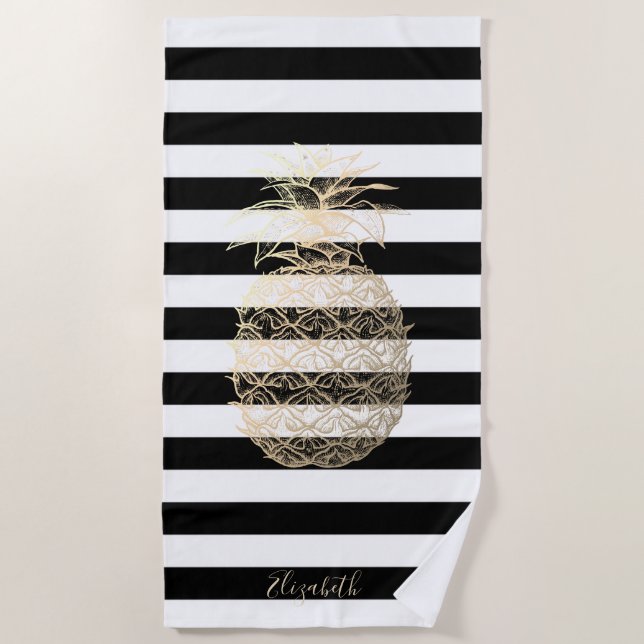 Ananas-Girly-Gold, Schwarz-weiße Streifen Strandtuch (Vorderseite)