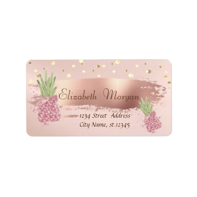 Ananas Gold Confetti, Rose Gold Pinselstriche Adressaufkleber (Vorne)