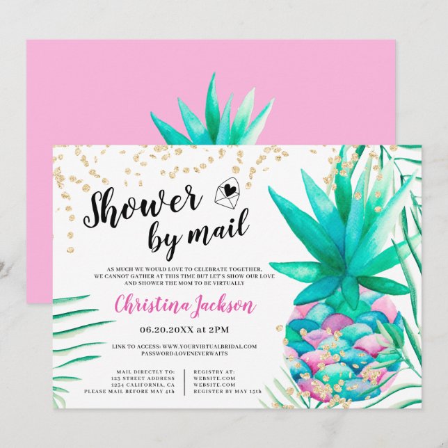 Ananas Gold Glitzer Aquarelldusche per Post Einladung (Vorne/Hinten)