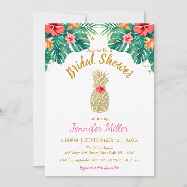 Ananas-Gold-Glitzer Rosa Brautparty I Einladung (Vorderseite)