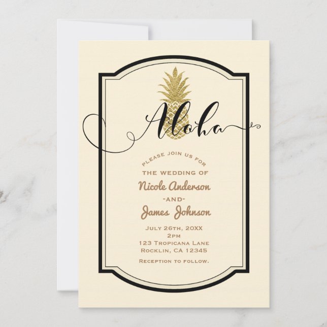 Ananas-Goldcreme und tropische Schwarz-Hochzeit Einladung (Vorderseite)