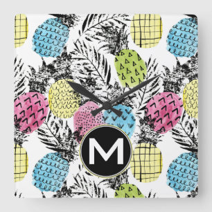 Ananas Grunge Palms   Monogramm Quadratische Wanduhr