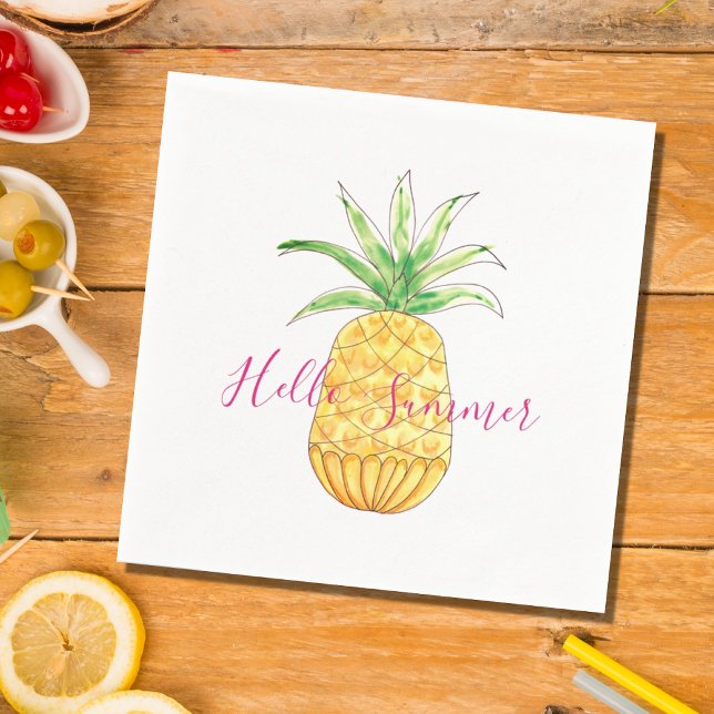Ananas Hello Summer Yellow Pink Watercolor Serviette (Von Creator hochgeladen)