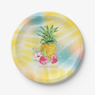 Ananas, Hibiskus Aquarellfarben Gefärbte Krawatte Pappteller