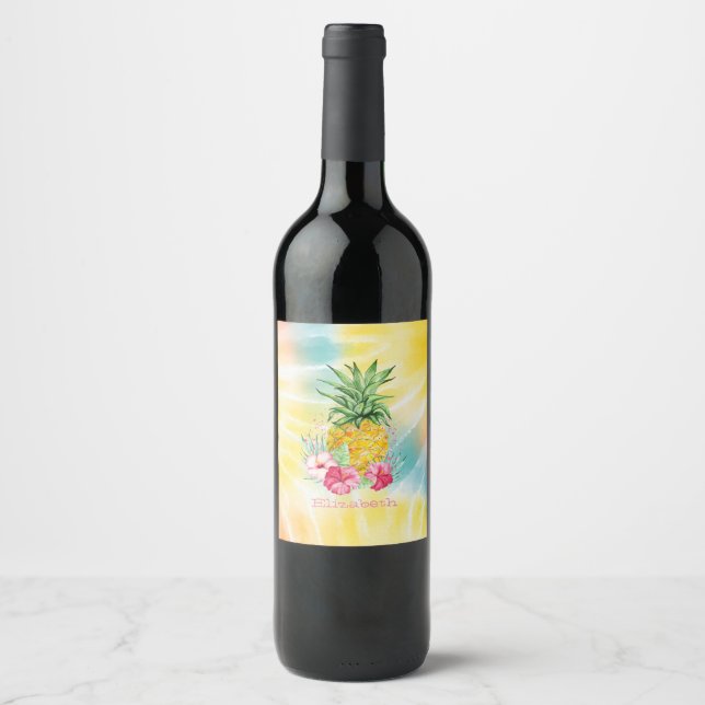 Ananas, Hibiskus Aquarellfarben Gefärbte Krawatte Weinetikett (Vorderseite)