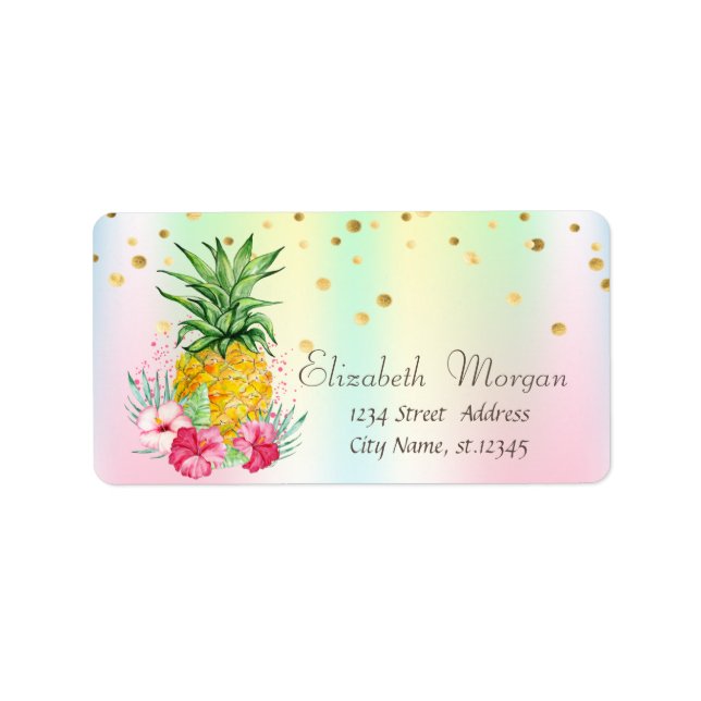 Ananas-Hibiskus Confetti Holographic Adressaufkleber (Vorne)