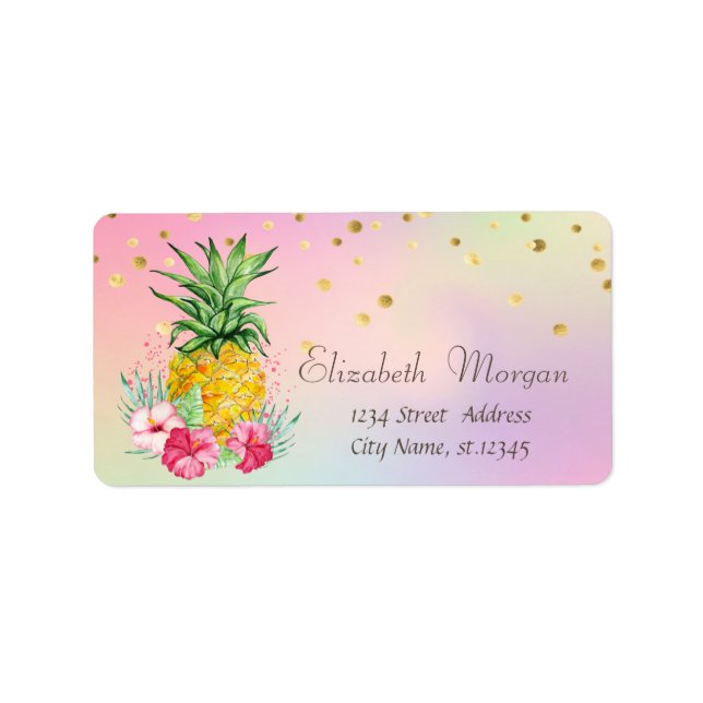 Ananas-Hibiskus Cool Foil Confetti Holographic Adressaufkleber (Vorne)