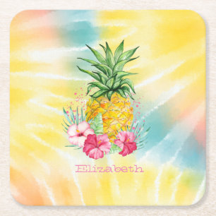 Ananas, Hibiskus-Wasserfarbe-Regenbogen-Tie-Dye Rechteckiger Pappuntersetzer