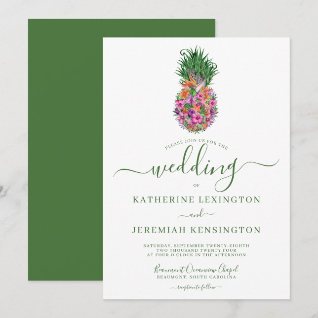 Ananas-Hochzeit mit tropischem Hibiskus Einladung (Vorne/Hinten)