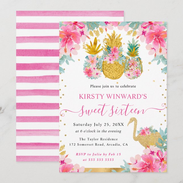 Ananas in Rosa und Gold und Flamingo Sweet 16 Einladung (Vorne/Hinten)