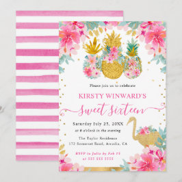 Ananas in Rosa und Gold und Flamingo Sweet 16 Einladung