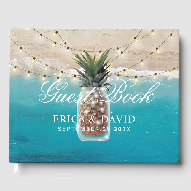 Ananas Jar String Lights Tropical Beach Wedding Gästebuch (Vorderseite)