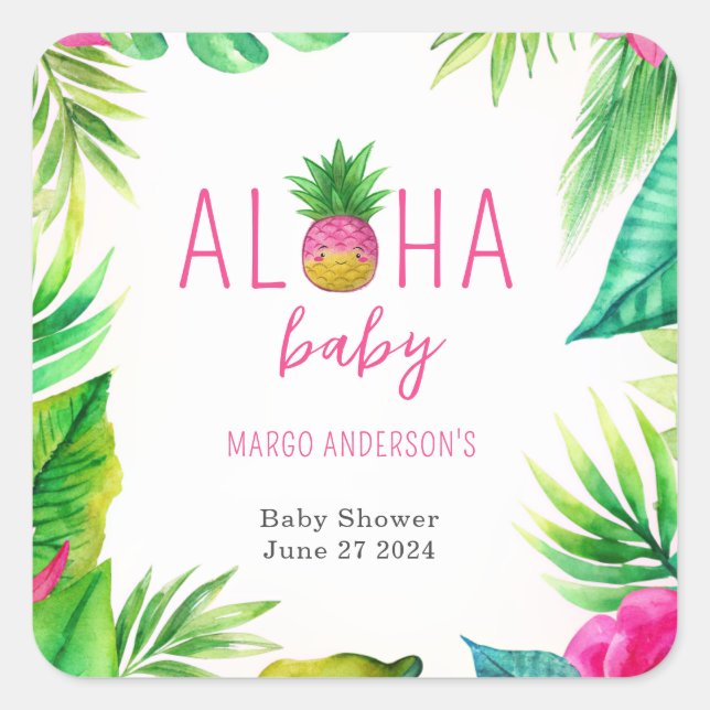 Ananas Jungle Schnuller Pink Girl Baby Dusche Quadratischer Aufkleber (Vorderseite)