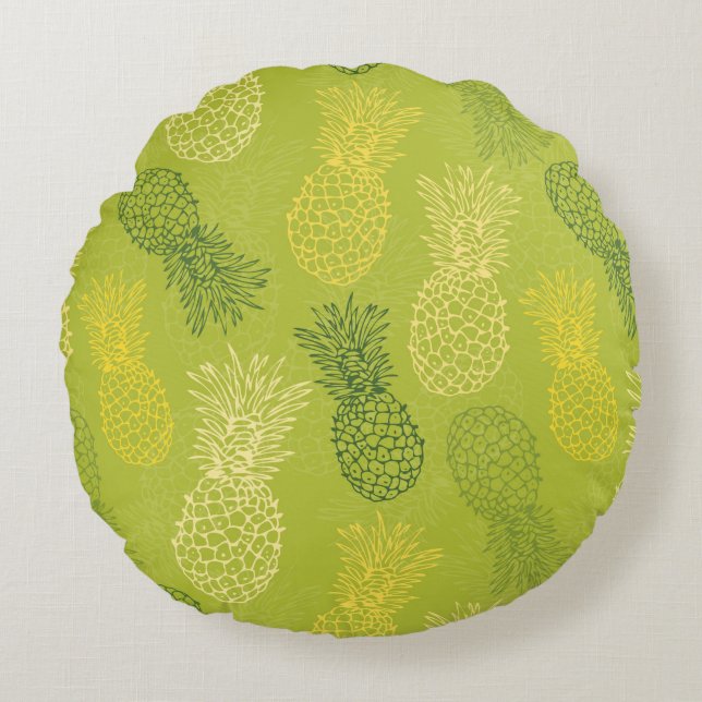 Ananas-Kontur-Muster auf Grün Rundes Kissen (Vorderseite)